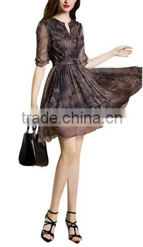 Women's V-Neck Vintage Flower Printed A-Line Casual Chiffon Dress photo-5