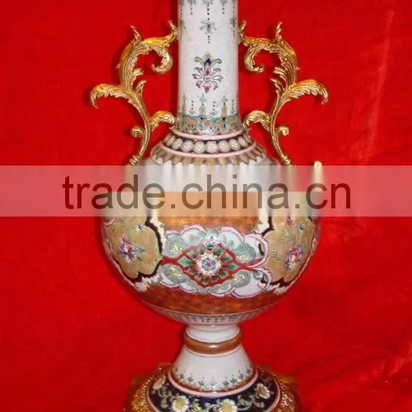 Arabic Style Crackle Ceramic Vase, Hand Painted Gilt Brass Mounted Vase photo-5