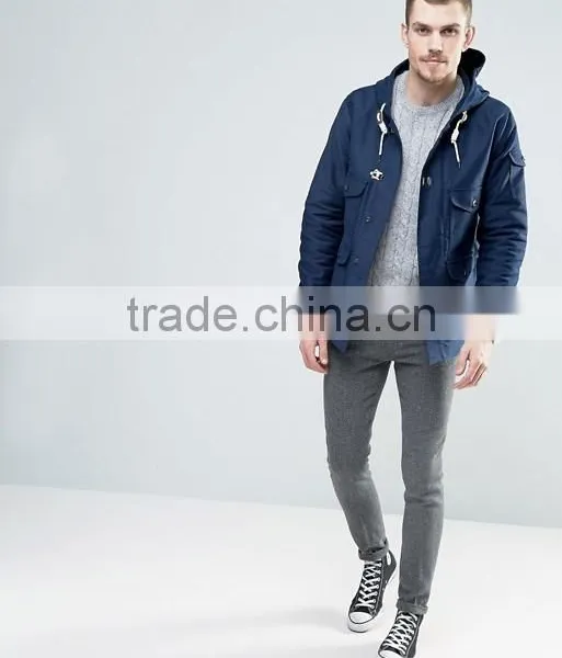 2017 Best Price Durable Press-Stud Fastening Drawstring Hood 100% Cotton Twill Navy Casual Men Winter Jacket photo-4