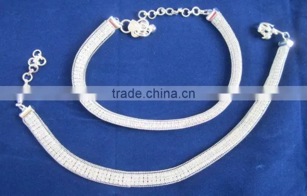 SILVER CHAIN Filled With Crystal Delicate PAYAL Anklets Pair photo-3
