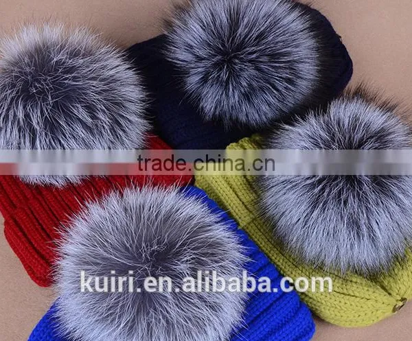 Hot Selling Beanie Hat With Snap and Big Size Silver Fox Fur Ball on Top photo-4