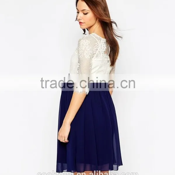 100% Polyester Crew Neck Lined Lace Bodice Maternity Dress for Women photo-3