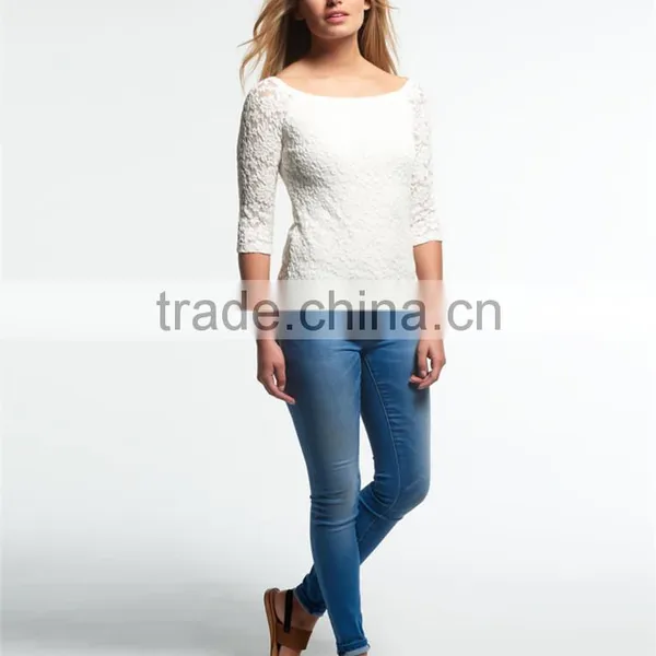 2016 Guangzhou Shandao Hot Selling New Arrivals Summer Casual Fat Women 3/4 Sleeve White Boat Neck Slim Lace Plus Size Top photo-2