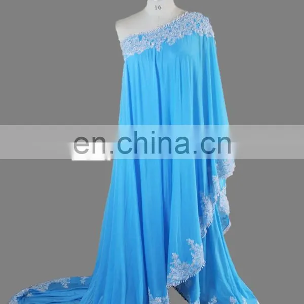 Fashion Blue One Shoulder Lace Hem Pearl Beads 2017 Plus Size Muslim Evening Dress photo-2