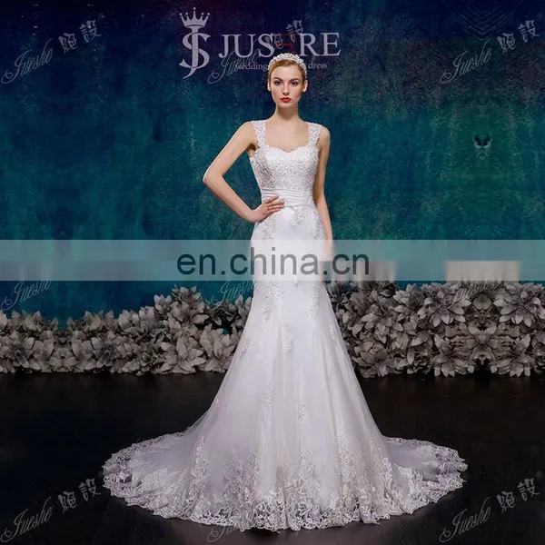 Stunning Lace Appliqued Two Straps Sheer Open Back Chapel Train Lace Mermaid Wedding Dresses 2015 photo-4