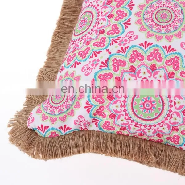 Custom Made Decorative 3D Printed Pink Flowers Outdoor Bench Waterproof Throw Pillow Cushion With Jute Fringe photo-7
