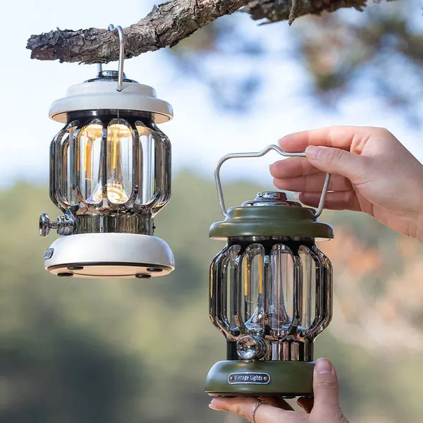 Retro Iron Camping Lantern Rechargeable 500LM Dimmable Vintage Tent Light With Dual Batteries Power Bank for Outdoor Decor