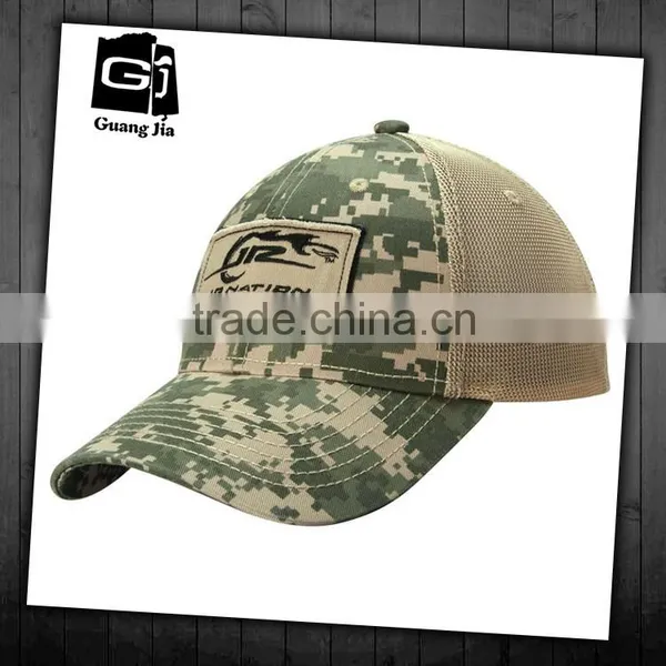 High Quality Embrossed Logo Camo Mesh Cap Custom 6 Panel Camo Trucker Hat