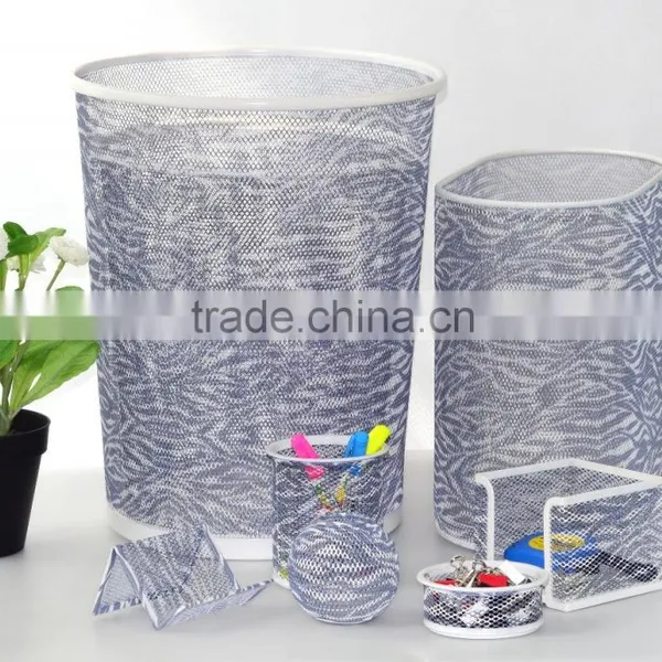 Office Stationery Metal Mesh Round Waste Bin Colorful Printed Pattern Trash Can photo-4