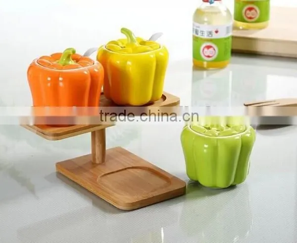 NEW Decorative Fruit and Vegetable Shaped Ceramic Spice Jar With Wooden Shelf photo-2