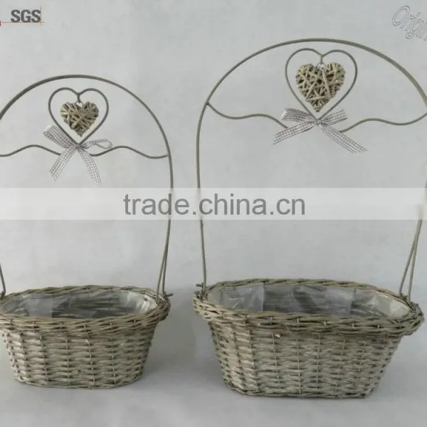 Decorative Wicker Heart Oblong Basket With KD Metal Handle and Ribbon Bow photo-3