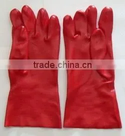 Red PVC Glove, Gauntlet, 40cm,interlock Line, Smooth Finish
