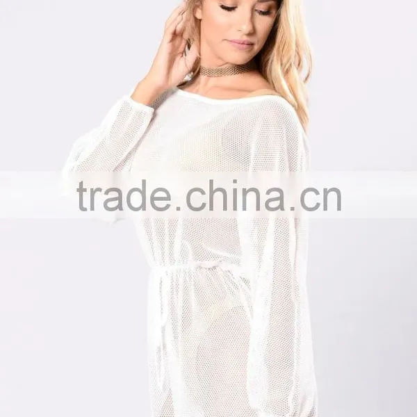 Women Sexy Jumpsuits Swim Cover Up Boat Neckline Long Sleeve Fishnet Romper photo-3