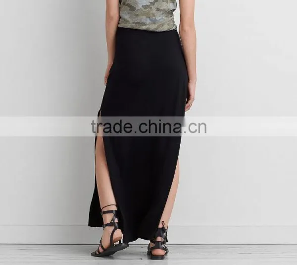 Latest Skirt Design Pictures Women Fashion Plain Dyed Cotton Solid Black Slit Maxi Skirts Women Long Maxi Skirts photo-4