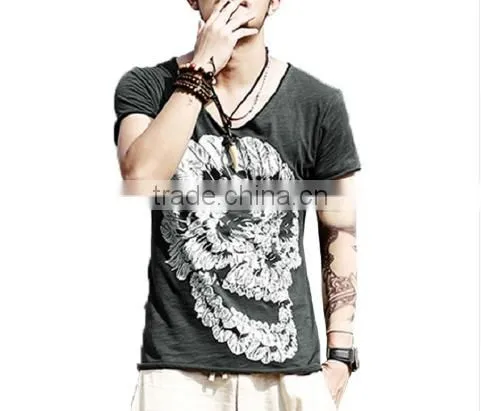 2016 Men Deep V Neck Summer Cotton Skull Print Slim T Shirt photo-2