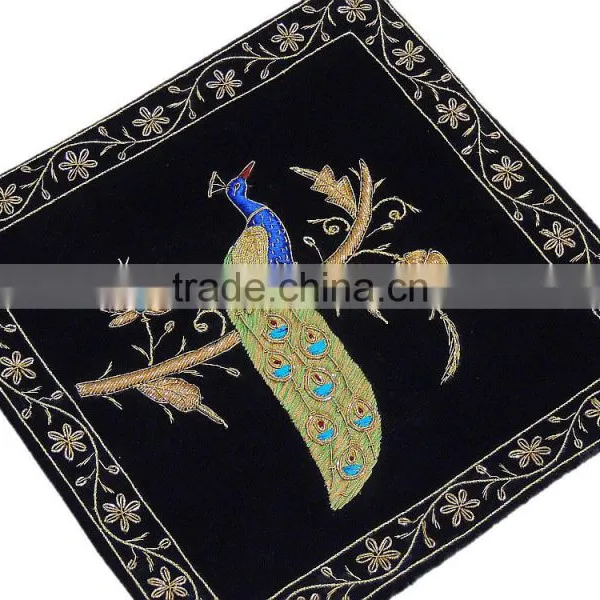 Black Decorative Peacock Pillowcase Dabka Handmade Couch Velvet Ethnic Cushion photo-2
