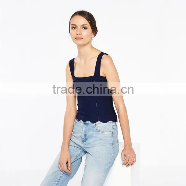 Stitched Knit Geometric Motifs Wavy Hem Wide Straps Design Tank Tops photo-2
