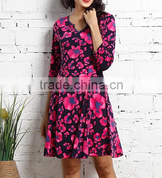 New Arrivals Women Dresses With Navy And Fuchsia Floral Notch Neck Dress Women Casual Dress Women Clothes GD90426-49