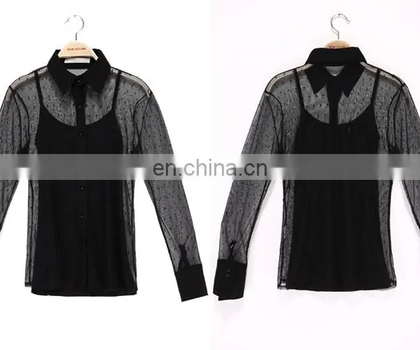 Factory Price Cheap Embellished Blouse, Black Mesh Blouse , Sexy See-through Blouse For Ladies photo-4
