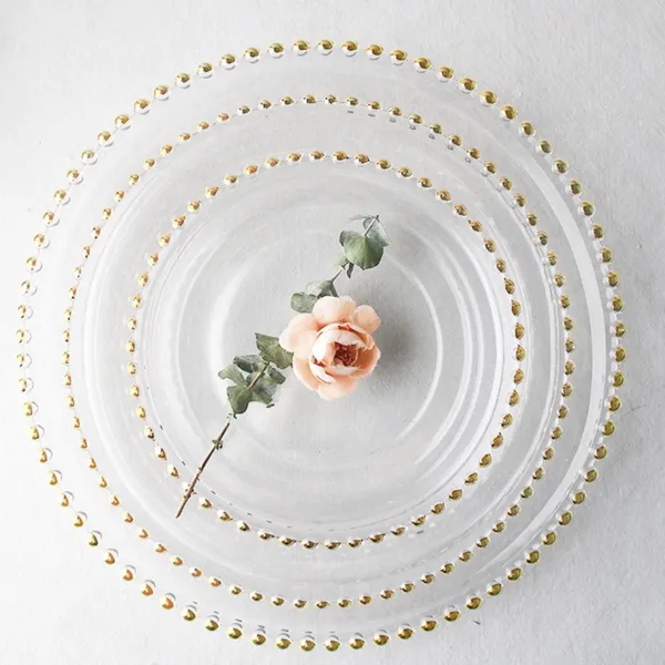 Glass Plate Glass Dishes for Wedding Home Decoration Gold Glass Clear Beaded Charge Plate Dinnerware