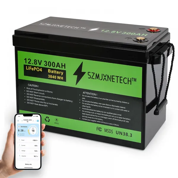 SZMJXNETECH 12V 300Ah 3840Wh LiFePO4 Battery, Built-in 200A BMS, Lithium Battery 2560W Power Output, Up to 15000+ Deep Cycles, 10-Year Life