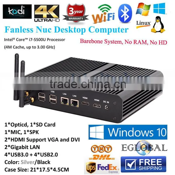 [5 Gen Intel CPU] Core i7 5500U Mini PC Windows10 intel HD 5500 Graphics 2*LAN port 2HDMI port Gaming PC Barebone Computador