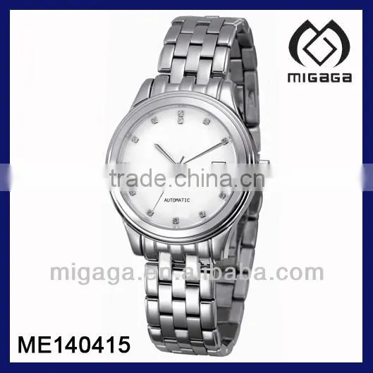 FASHIONABLE UNISEX NICE DESIGN AUTOMATIC STEEL WATCH WITH CZ SETTING ALL STEEL WATER PROOF WATCH