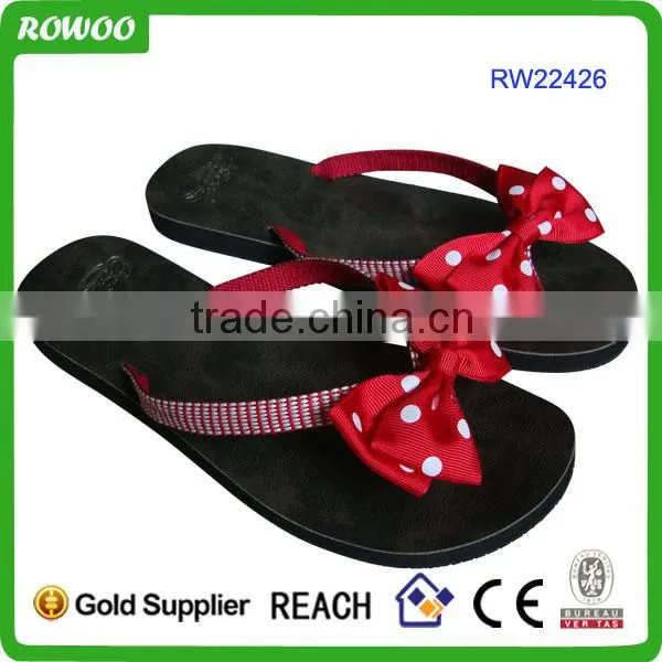 RW22426 Girls Textile V Straps With Dot Flower Decoration Flip Flops photo-2