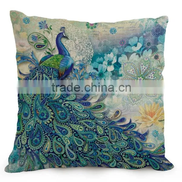 Beautiful Peacock Feather Linen Cushion Cover 45cm Throw Pillow Case Christmas Decoration for Sofa Bed Chair photo-3