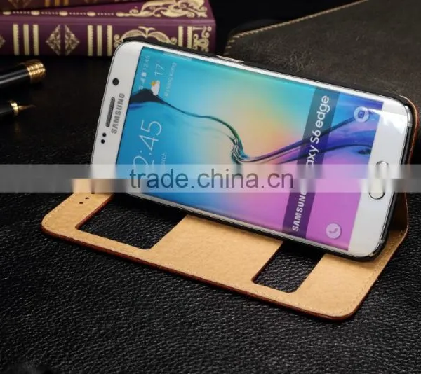 Genuine Leather Cover Window Display Stand Phone Flip Case For Samsung Galaxy S6 Edge photo-4