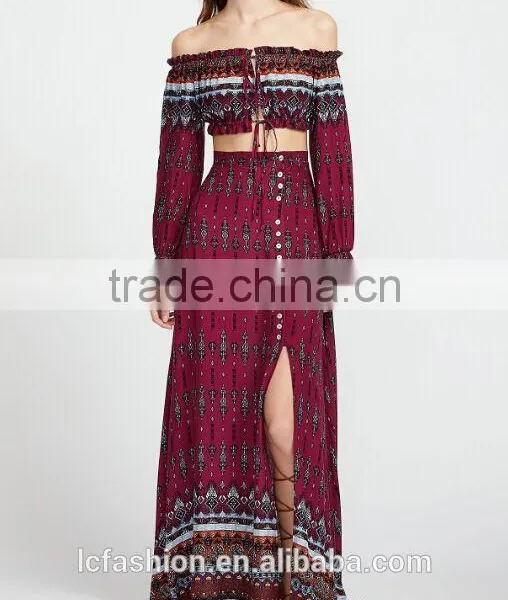 Picture of Long Skirts and Tops Vintage Print Drawstring Top With Split Skirt photo-6