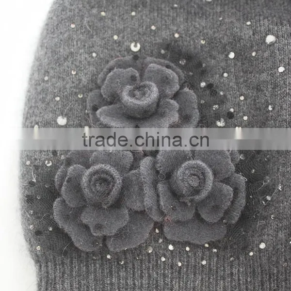 Myfur Elegant Women Flower Cashmere Wool Knit Beanie With Soft Fox Fur Pom Pom photo-3