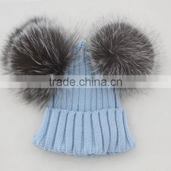Myfur Bright Orange Wool Beanie With Detachable Double Real Silver Fox Fur Pompoms photo-3