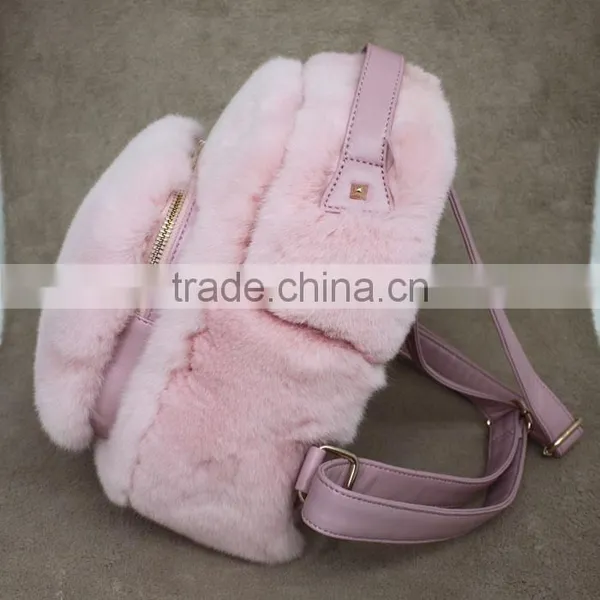 Myfur Baby Pink Girls Real Rabbit Fur Trim Leather Backpack Bag Wholesale photo-3