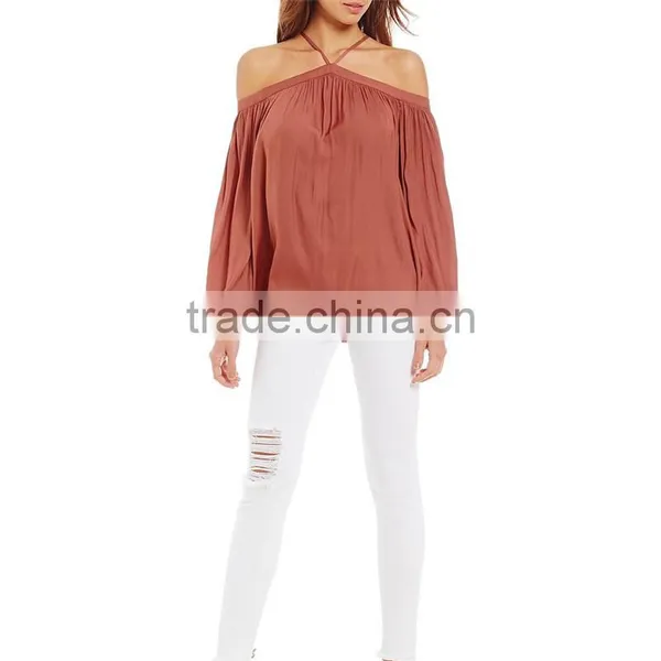 2017 Summer New Look Pullover Construction Sleeve Opening Cold Shoulder Blouse photo-2