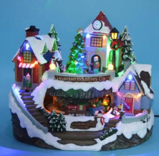 Polyresin Christmas Decoration 11“ Fiber Optic Church With Rotating Tree and Skating Childs, Eight Songs Music photo-3