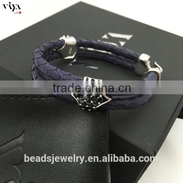2016 New Arrival Luxury Silver Plated Exotic Genuine White Stingray/ Python Man White Diamond Bracelet For Man photo-3