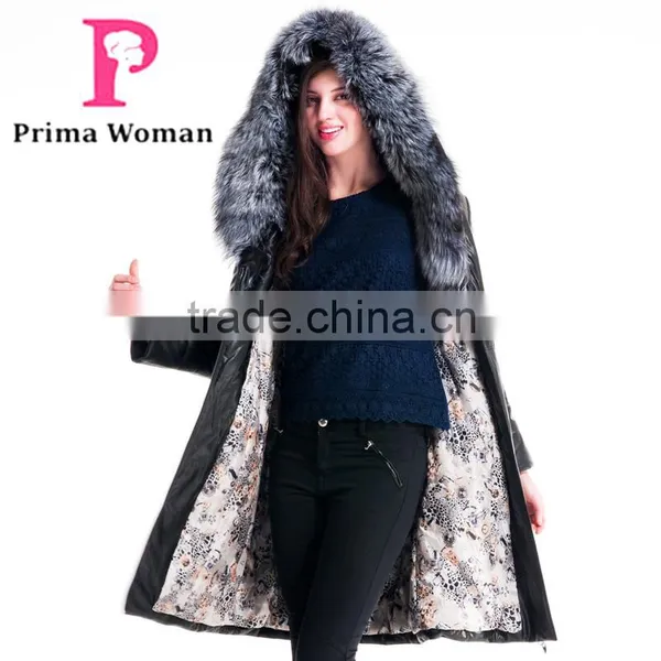 Winter Women Long Leather Slim Fit Coat With Brown Fox Hat Overcoat photo-4