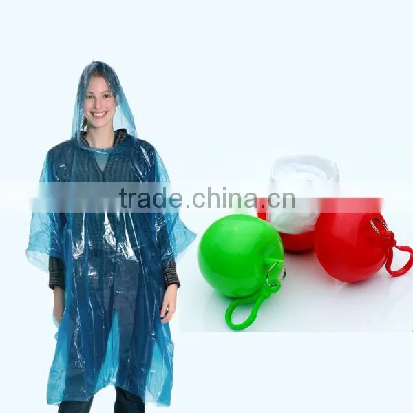 2014 100%ECO Plastic Poncho Ball With Keychain, Disposable PE Poncho