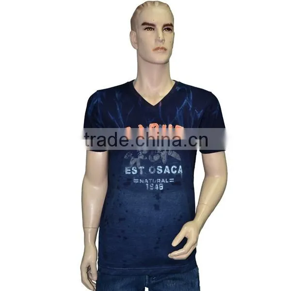 Men's T-shirt Knitted Denim Indigo Blue Cat-Scratch Discharge Washed and Used Effects Embroidery and Prints