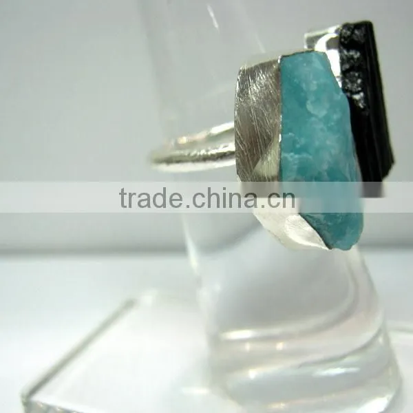 Amazonite and Black Tourmaline Raw Gemstone 925 Sterling Silver Ring photo-2