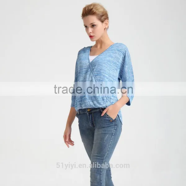 Women Cross Front Slub Jersey Knit Blouse With Heather Look photo-2