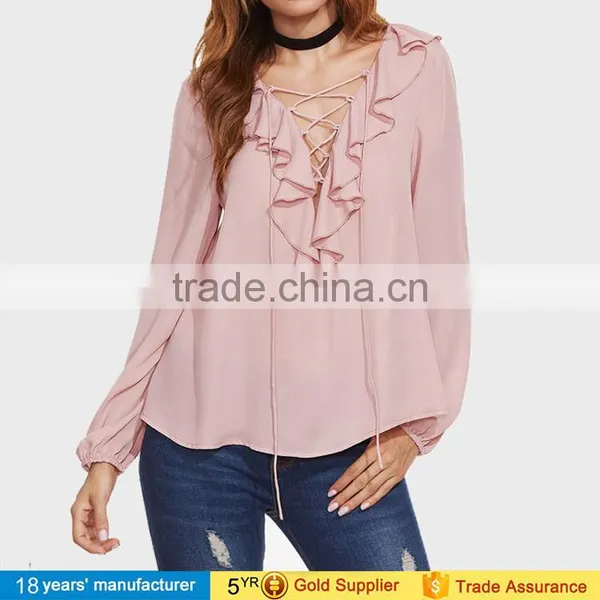 Women Long Sleeve Ruffle Trim Lace up v Neck Tops Casual Boho Long Chiffon Tops and Blouse Design Pattern 2017