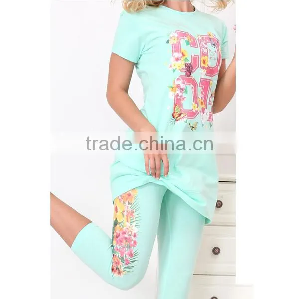 WHOLESALE CUSTOM-MADE S/S TOP+LEGGING CVC PRINTTING DESIGN PAJAMAS FOR WOMEN photo-3