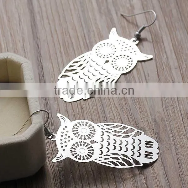 New Fashion Copper Filigree Stamping Earrings Ear Wire Hooks Halloween Owl Silver Tone Hollow 61mm x 26mm photo-2