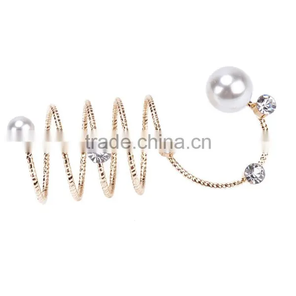 Women Gold-plated Rhinestone Pearls Wrap Around Spiral Rings photo-2