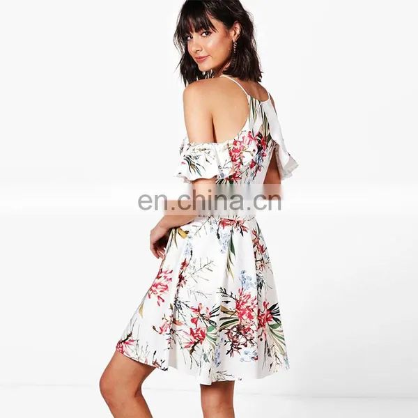 Summer Beach Print Floral Cold Shoulder Women Mini Skater Dress photo-2