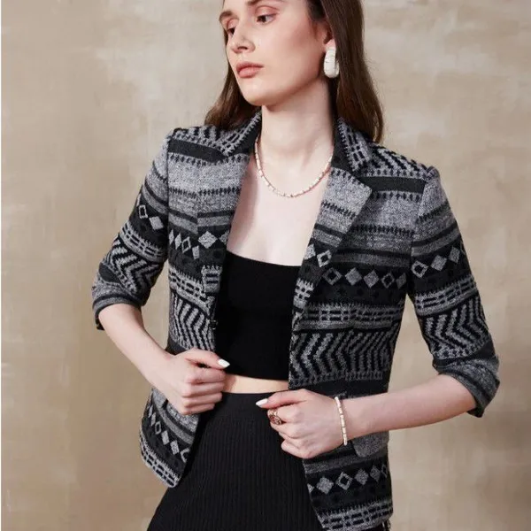 PREMIUM WOOL MIX GEO PATTERN OVERCOAT photo-5