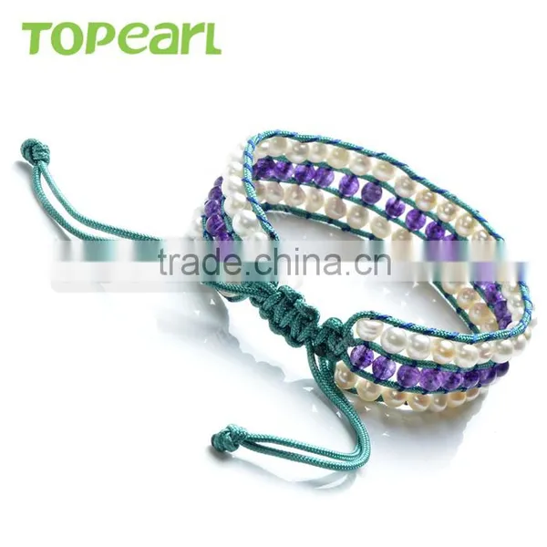 Topearl Jewelry Fashionable Potato Freshwater Pearl Bracelet Amethyst Bracelet Woven Leather Wrap Bangle CLL175 photo-2