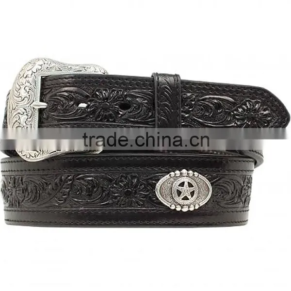 Western Men Floral Embossed Star Concho Leather Tooled Belt photo-2